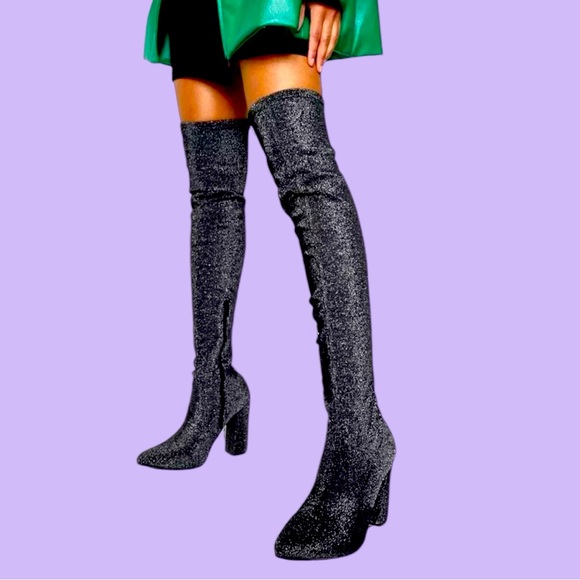 Black Glitter Over-The-Knee Heeled Boot Size 6.5 - Picture 1 of 7